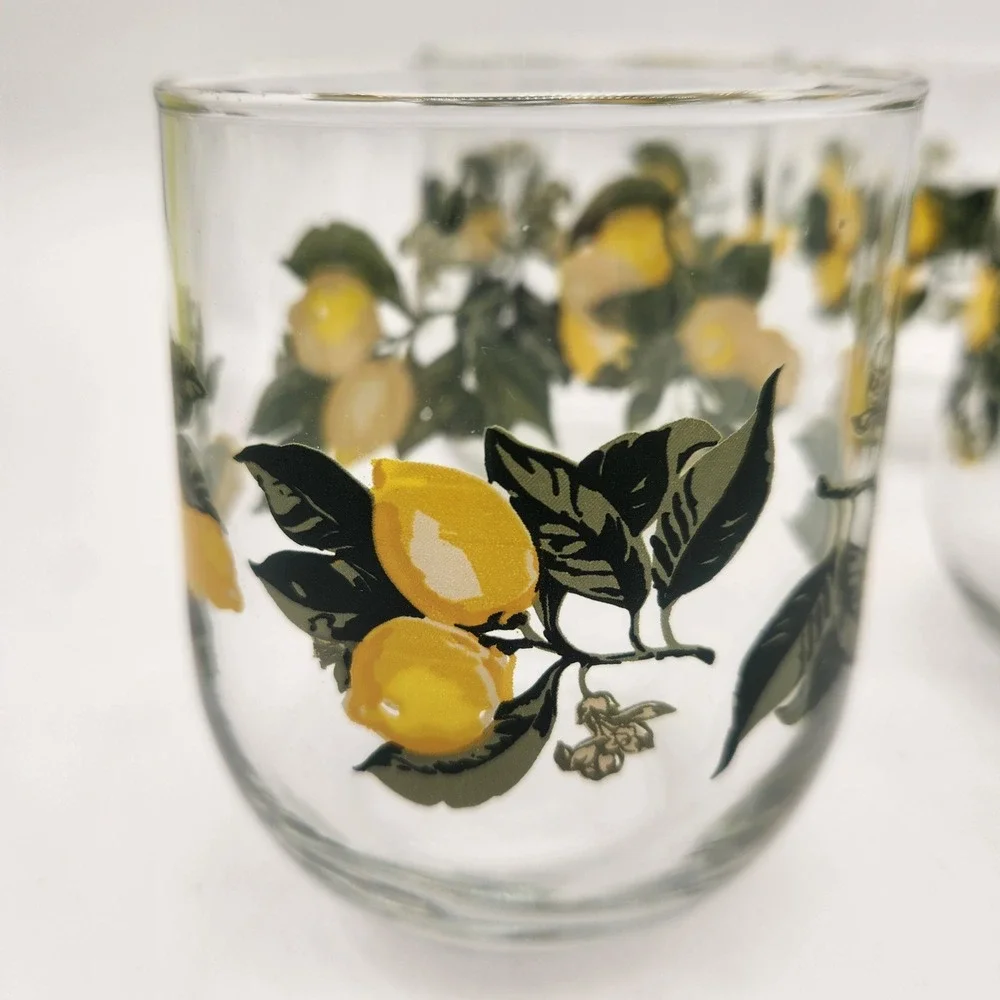 Set of 4 Lemon Citrus Print Stemless Wine Glasses Tumblers Clear‎ Yellow Green